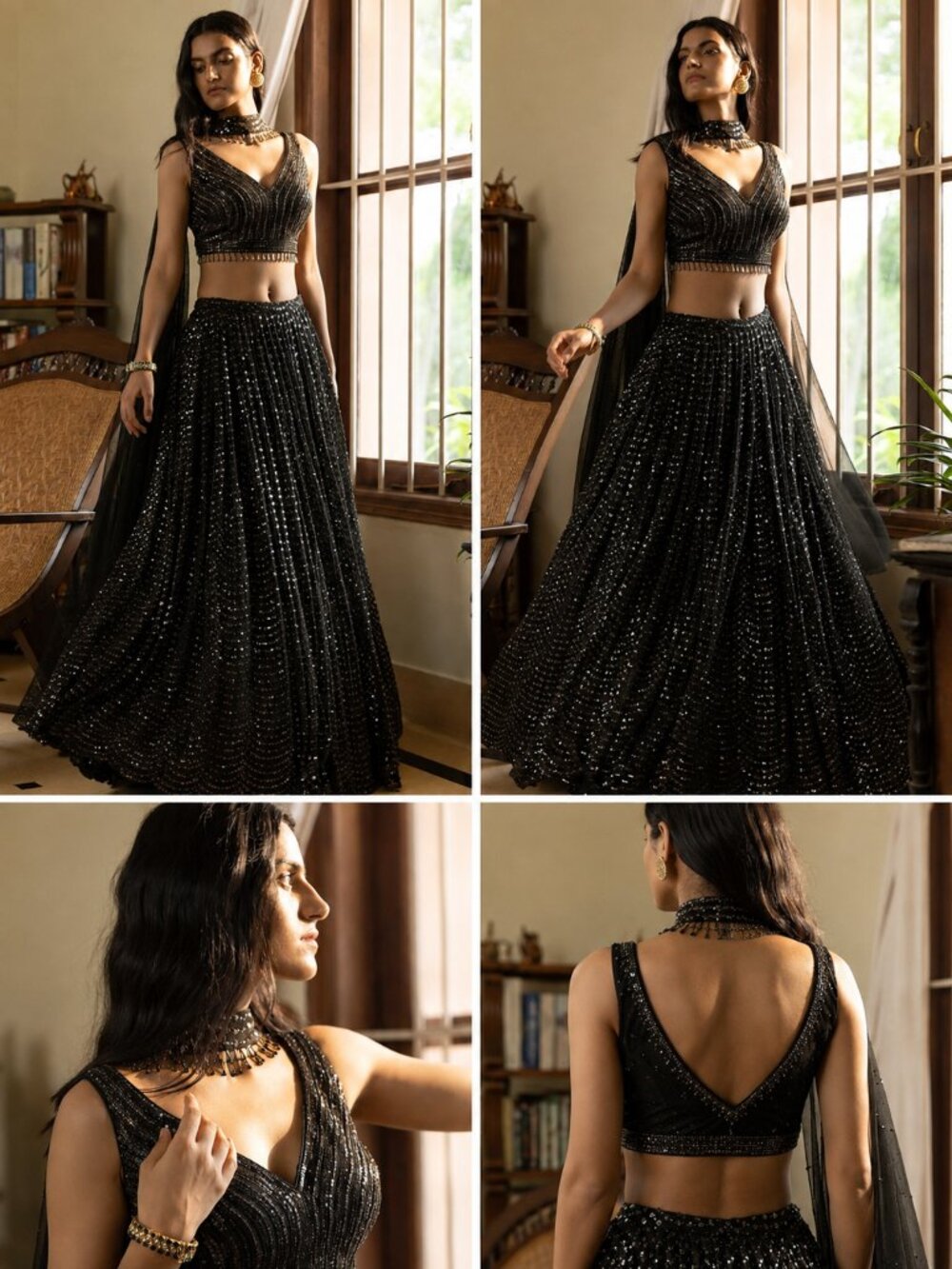 Black Silver Sequin Embellished Lehenga Set | Blouse Skirt Dupatta | Size L